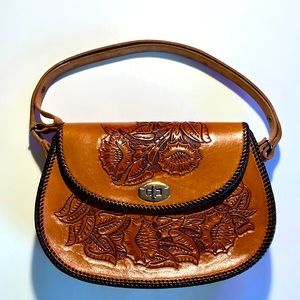 Vintage hand tooled leather shoulder bag